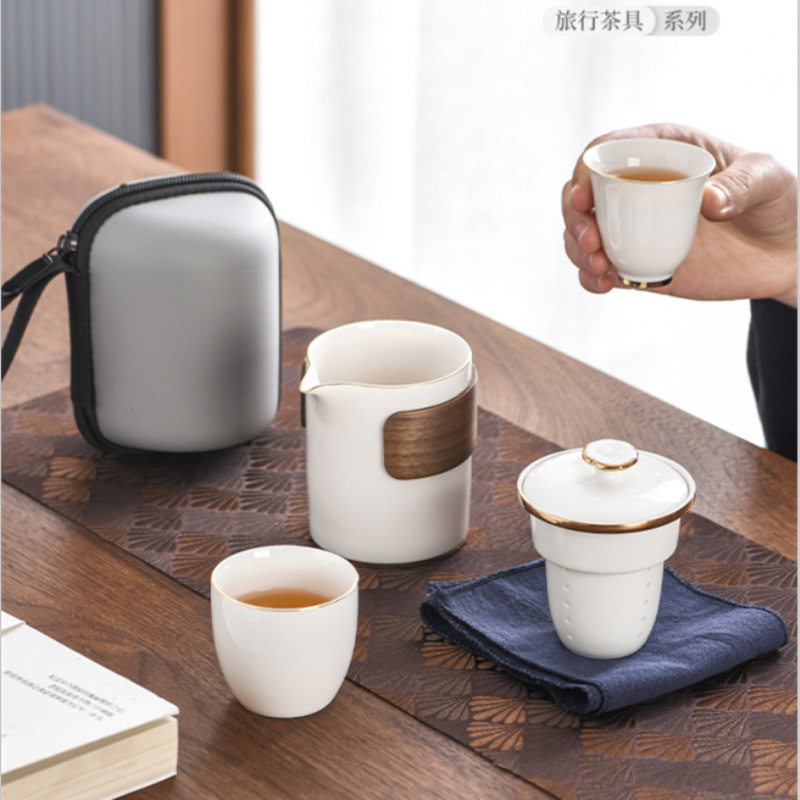 跨境出口便携式旅行茶具套装功夫泡茶壶户外喝茶白瓷快客杯茶杯