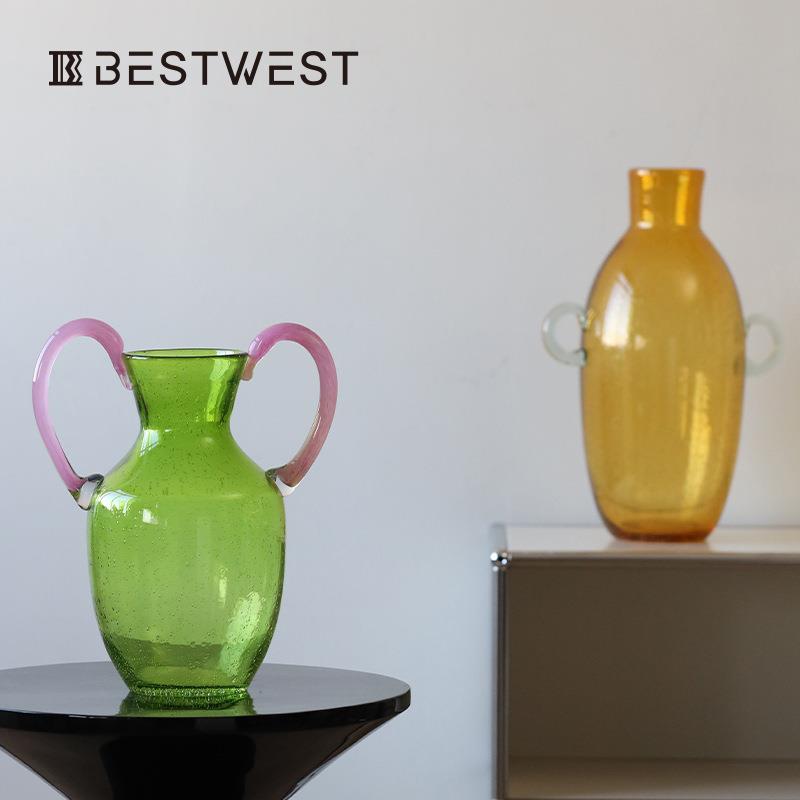 bestwest新款琥珀色双耳提手玻璃花瓶清新家居设计师小众实用水培