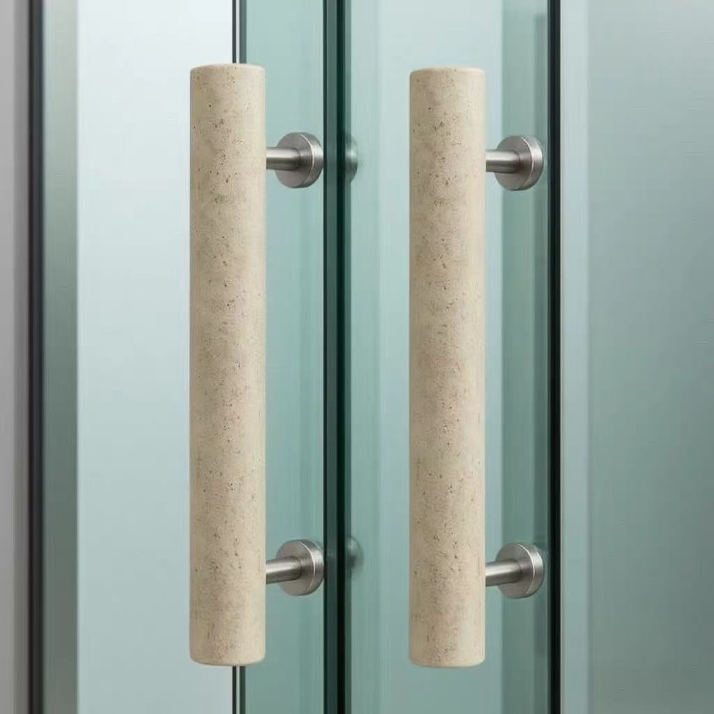 圆柱形天然洞石玻璃门拉手大理石材酒店会所大门把手实木门把手