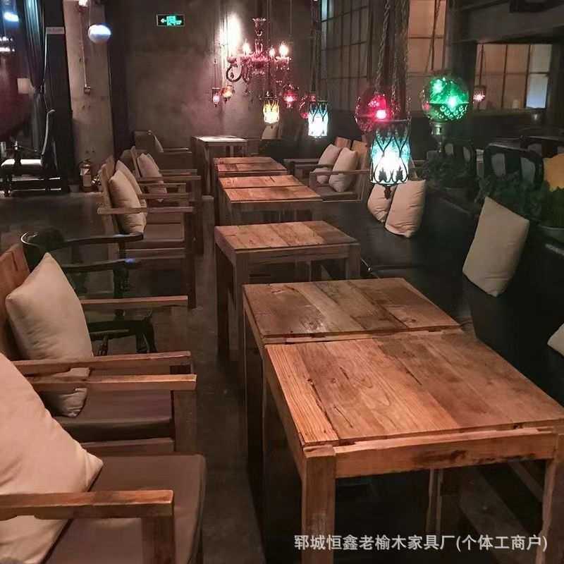老榆木漫咖啡厅桌椅工业复古小吃店快餐桌实木面板店麻辣烫店做旧