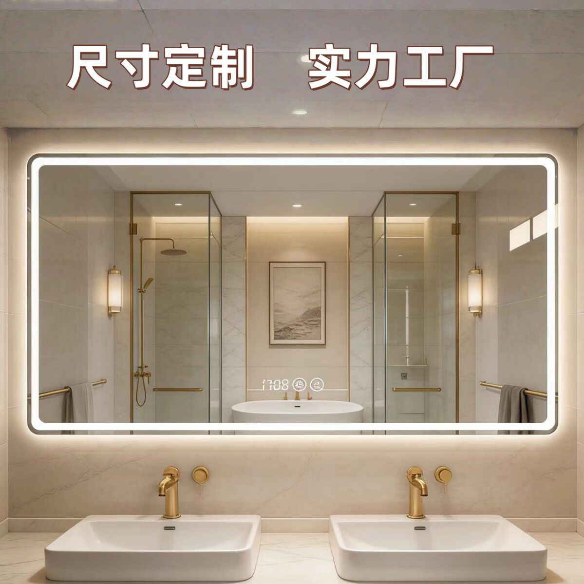 现货浴室镜子带灯正圆形长方形智能酒店浴室镜破碎包赔批发包邮