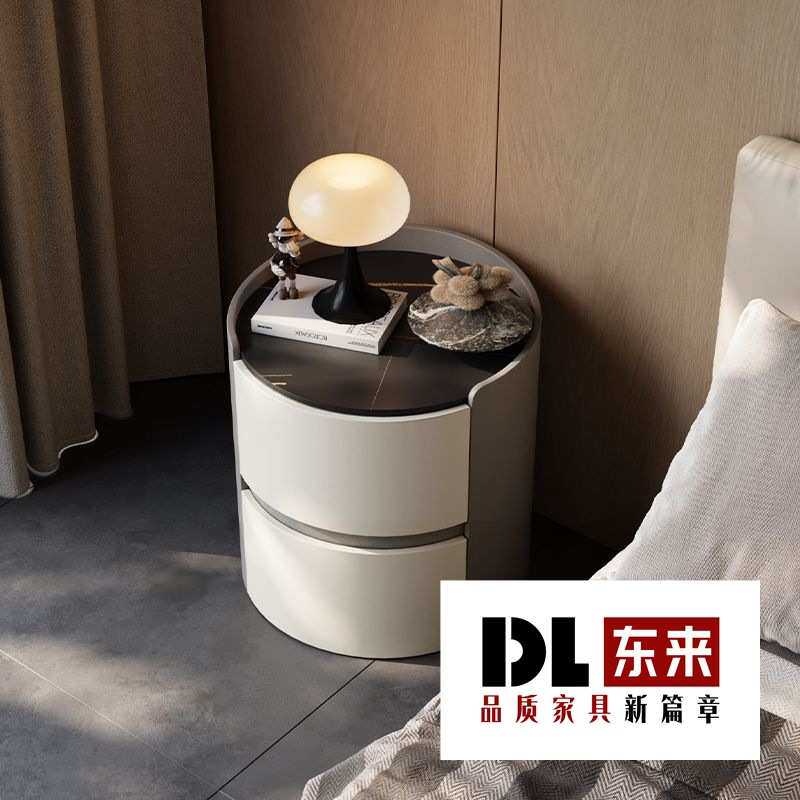 意式岩板实木圆形床头柜家用卧室简约现代轻奢个性创意床头储物柜