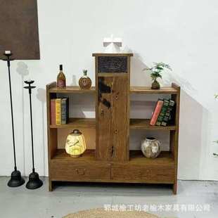 复古老榆木靠墙柜子民宿办公室多宝阁茶叶茶具陈列展示柜实木斗柜