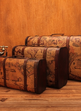 复古老式手提箱摆件欧式皮箱收纳箱木箱J子橱窗怀旧拍摄道具装饰