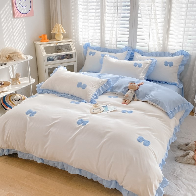 ins韩式纯棉水洗棉四o件套公主风被罩全棉1.5m1.8米被套床单三件