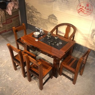 老船木小茶桌椅组合阳台家用w休闲小户型茶台方形功夫泡茶艺几实