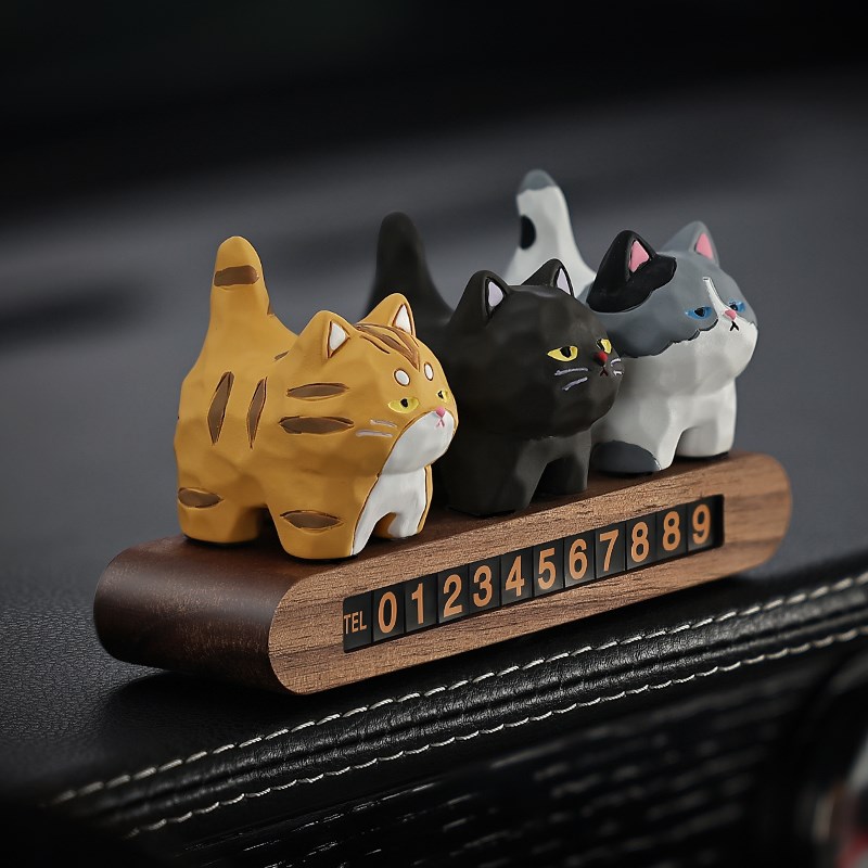 排排三喵胡桃木汽车临时停车电话号码牌J车载摆件装饰挪车牌移车