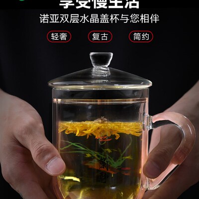 诺亚带把家用茶杯透明带r盖耐高温手工水晶高档办公圆形双层玻璃
