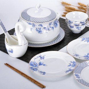 蓝茵花园骨瓷餐具套装 家用套碗组V合乔迁结婚礼 陶瓷中式 碗盘套装