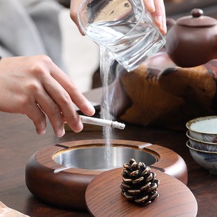 家用茶几防风带盖大号烟灰缸v创意方形不锈钢内胆客厅胡桃实木烟