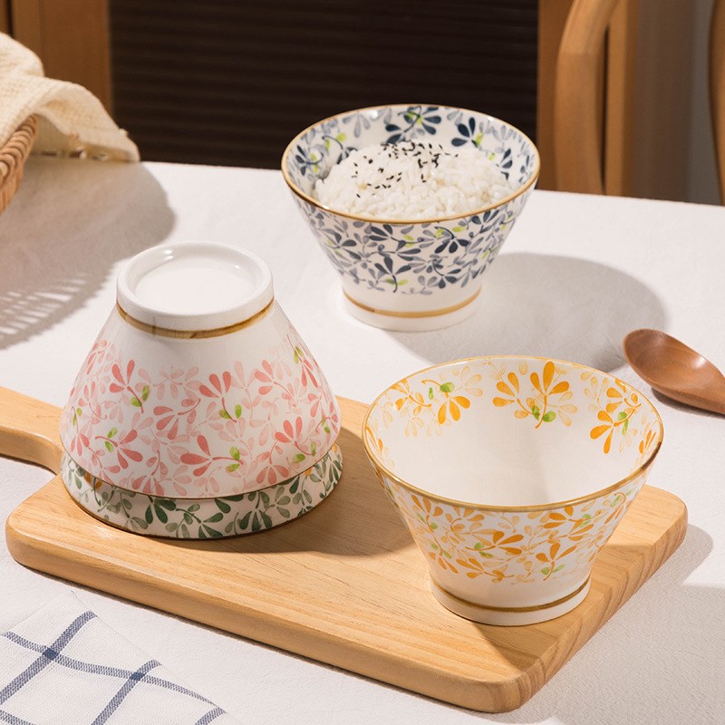 【四季繁花】四碗日式5英u寸斗笠碗家用陶瓷吃饭釉下彩米饭碗套装