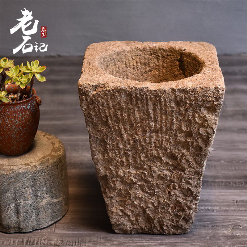 旧石槽石臼碓g窝火山岩石缸鱼池黑色洞石花盆水盆老槽石头鱼墩布