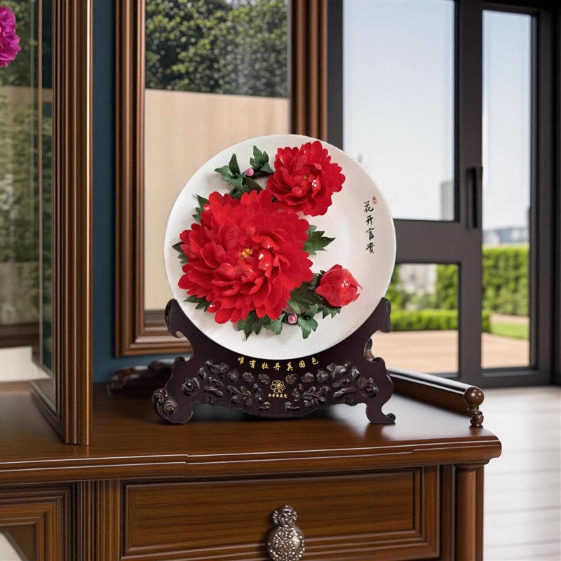 洛阳特色牡丹花盘陶瓷摆件中式工艺品客厅K电视柜摆件商务结婚礼