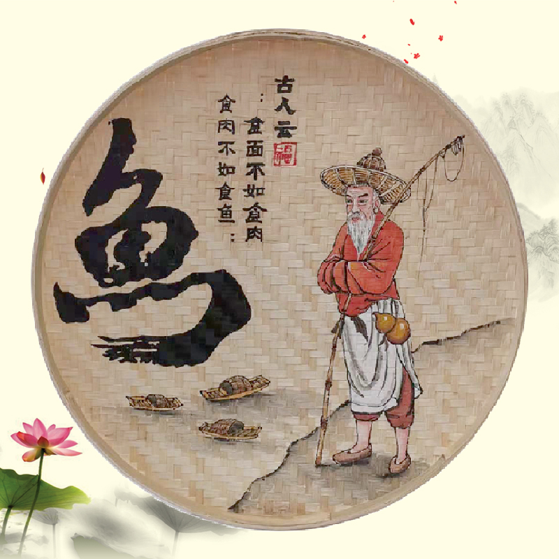 手绘竹编簸箕画创意墙面装饰饭店农家乐圆形墙饰茶U室墙壁挂饰挂图片