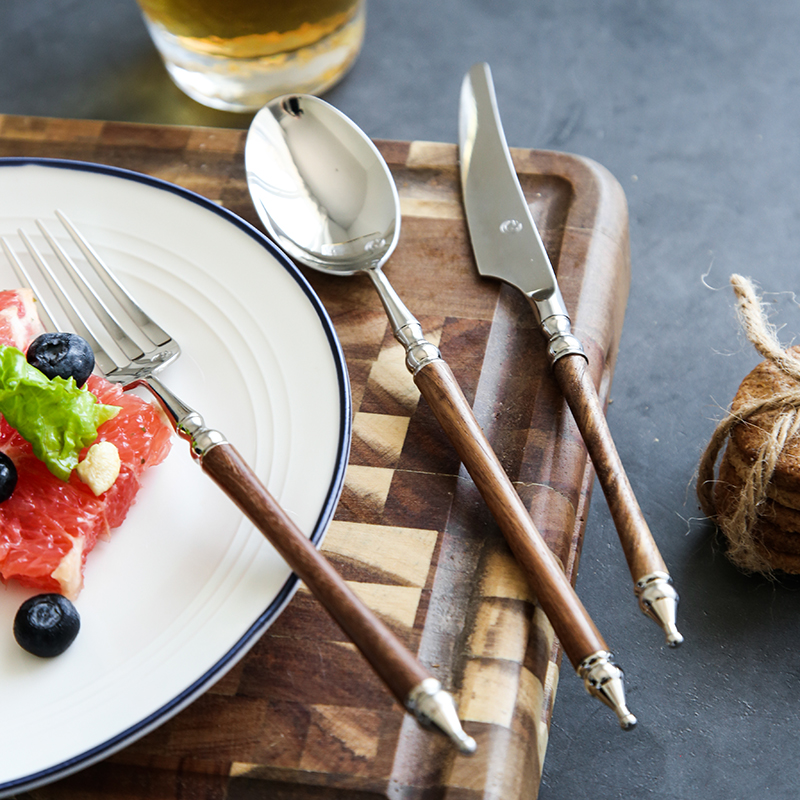 黄花梨木柄镜面304不锈钢头筷子勺家用单品套装刀叉X勺酒店西餐具