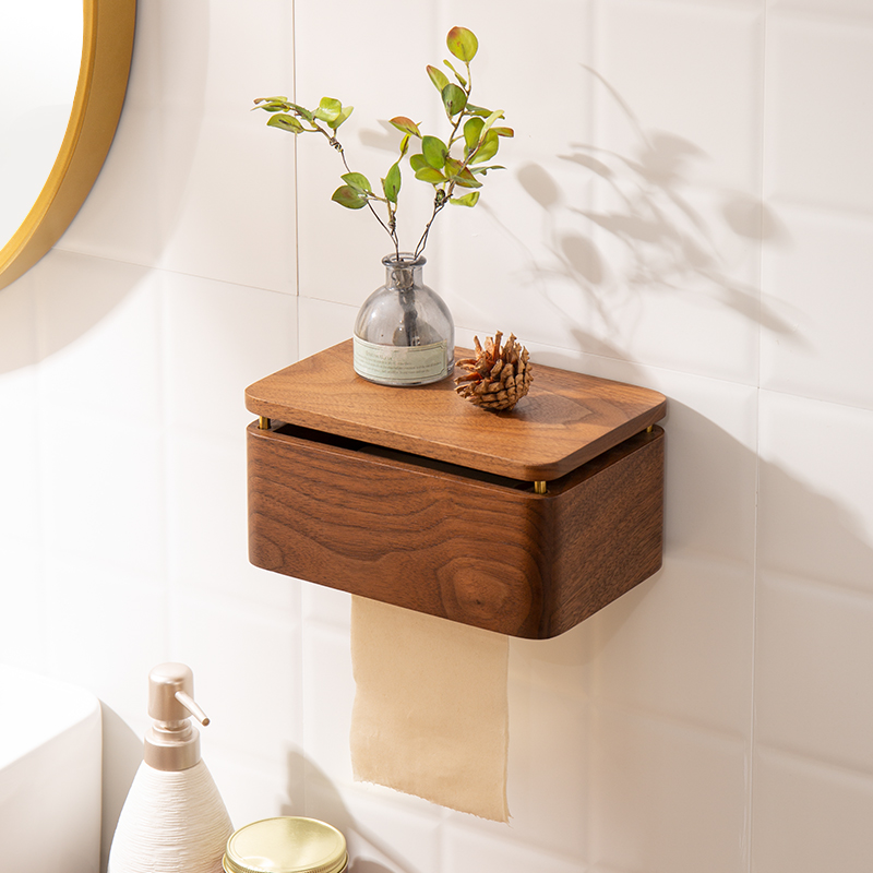 素风卫生间纸巾盒厕所壁挂卷纸z盒免打孔抽纸卫生纸实木防水置物