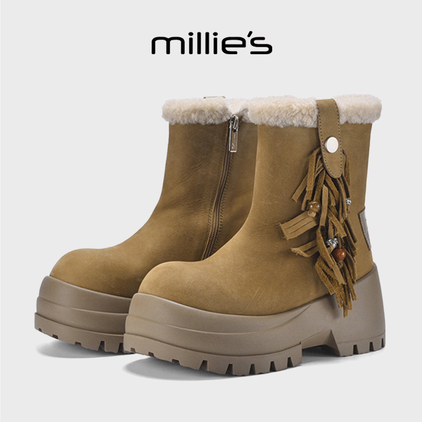 MILLIE'S/妙丽雪地靴皮毛一体加绒中筒加厚冬季新款保暖毛毛靴子