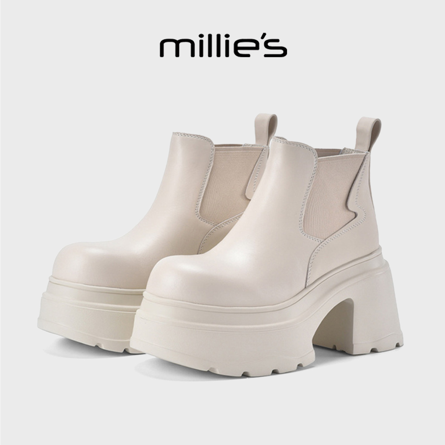 MILLIE'S/妙丽厚底时装靴2025冬季新款内增高小个子白色裸靴加绒