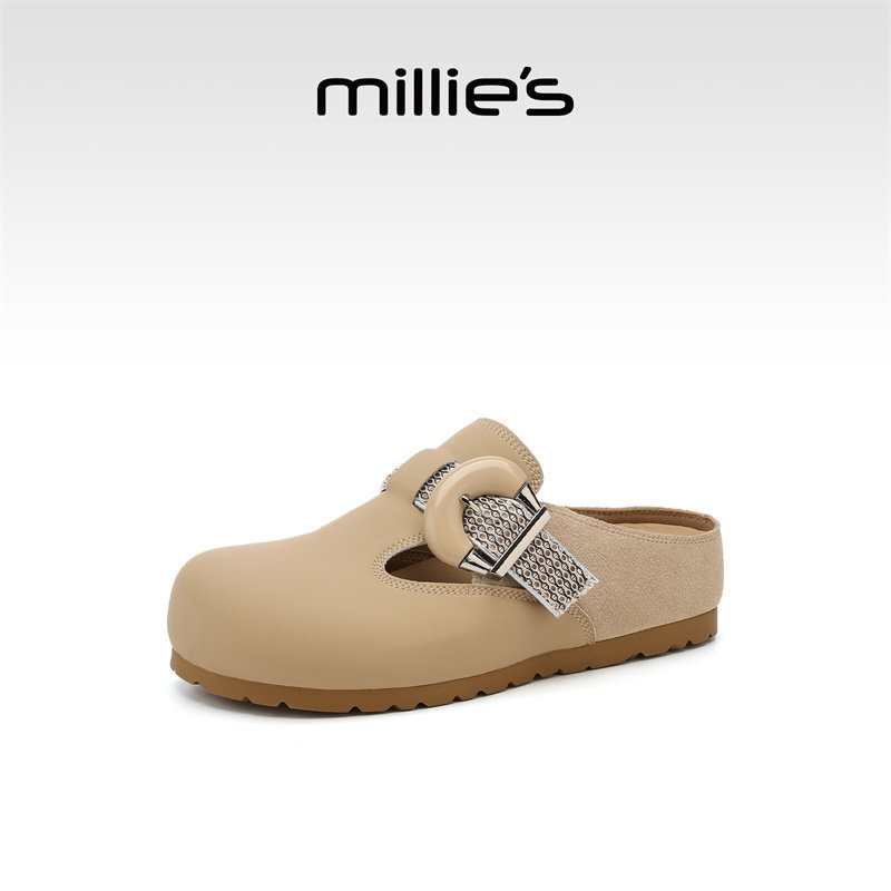 MILLIE'S/妙丽包头半拖鞋女款外穿厚底勃肯拖鞋复古一脚蹬春季