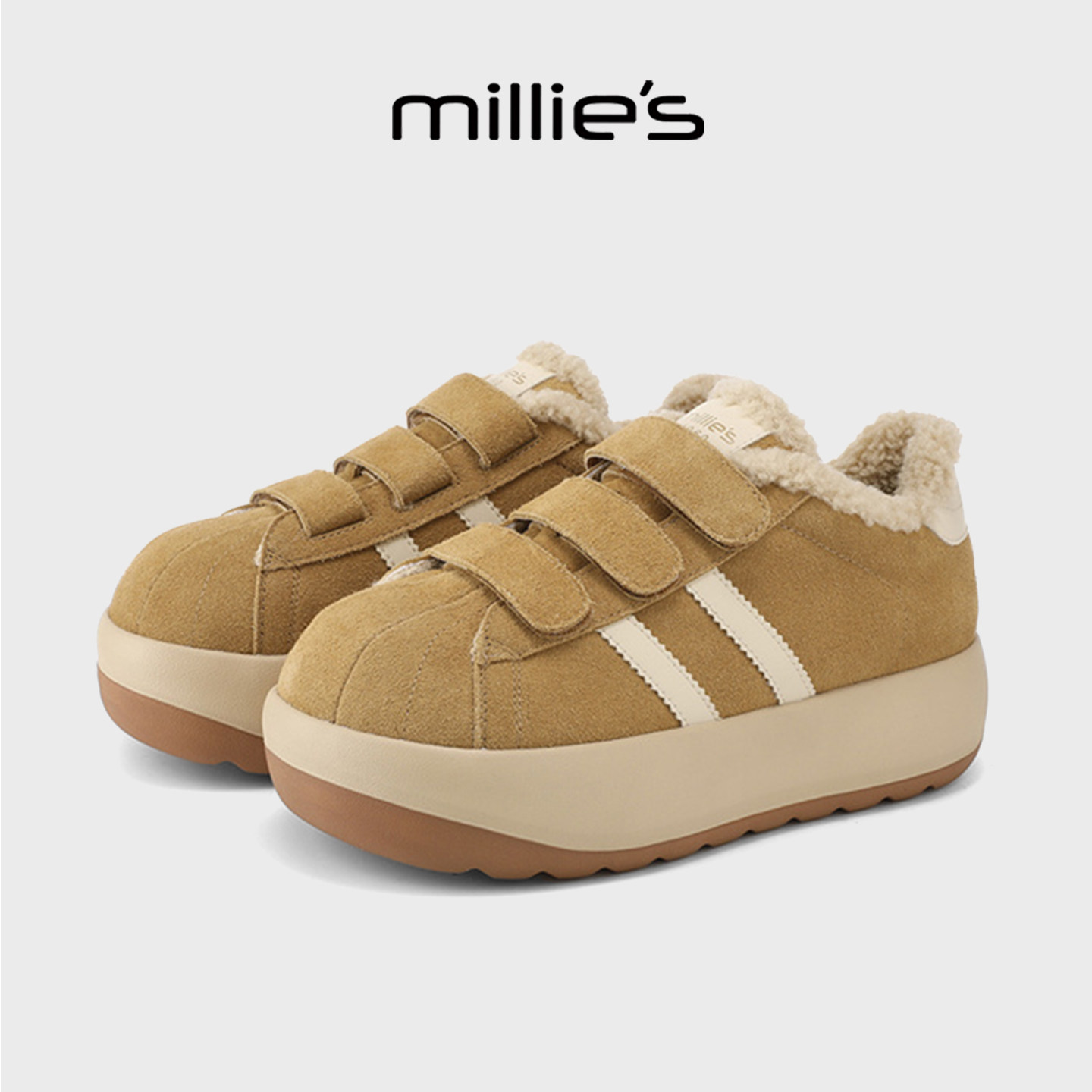 MILLIE'S/妙丽厚底加绒保暖棉鞋女鞋2025冬季新款条纹百搭休闲鞋