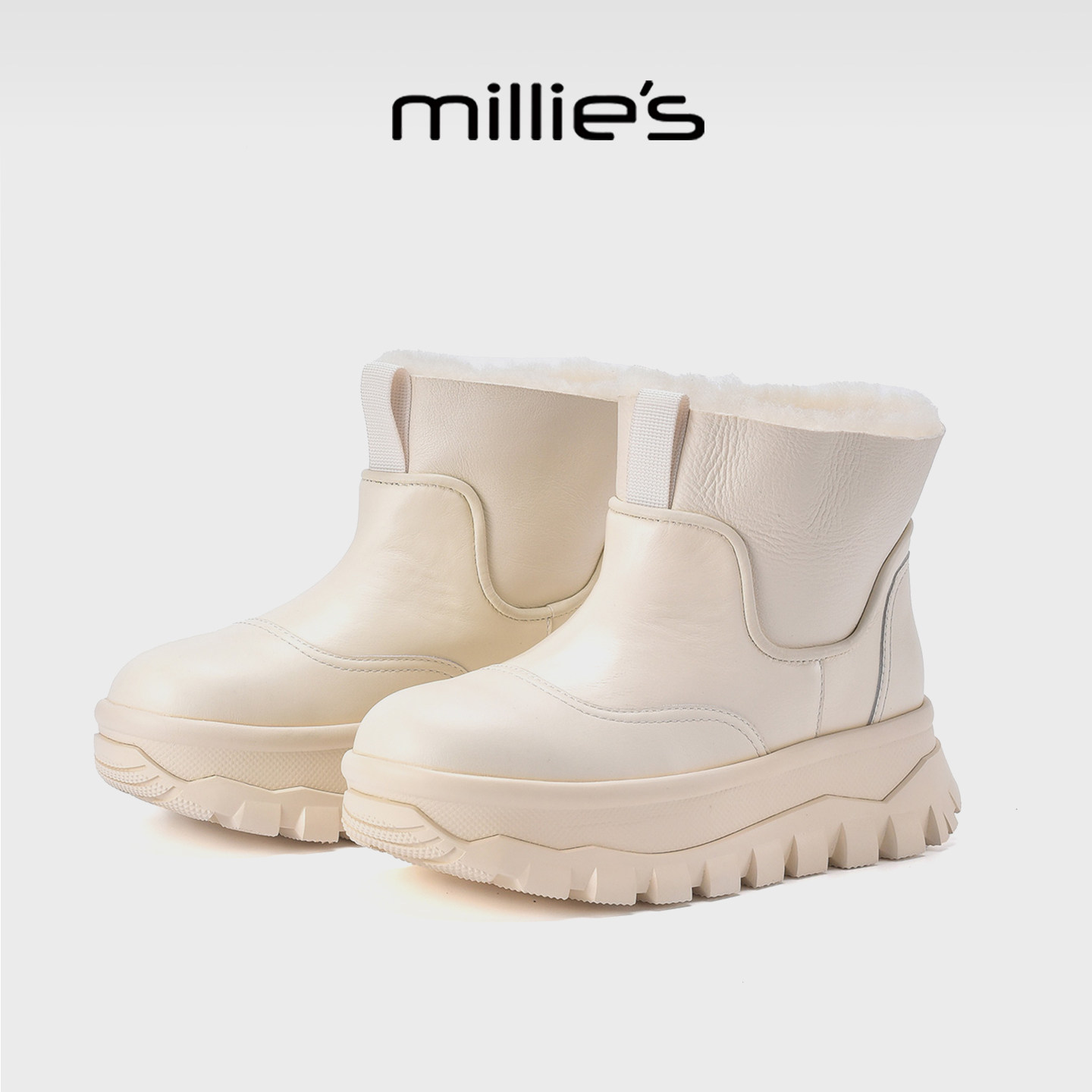 MILLIE'S/妙丽厚底雪地靴皮毛一体冬季加绒鞋防滑防水白色羊毛靴
