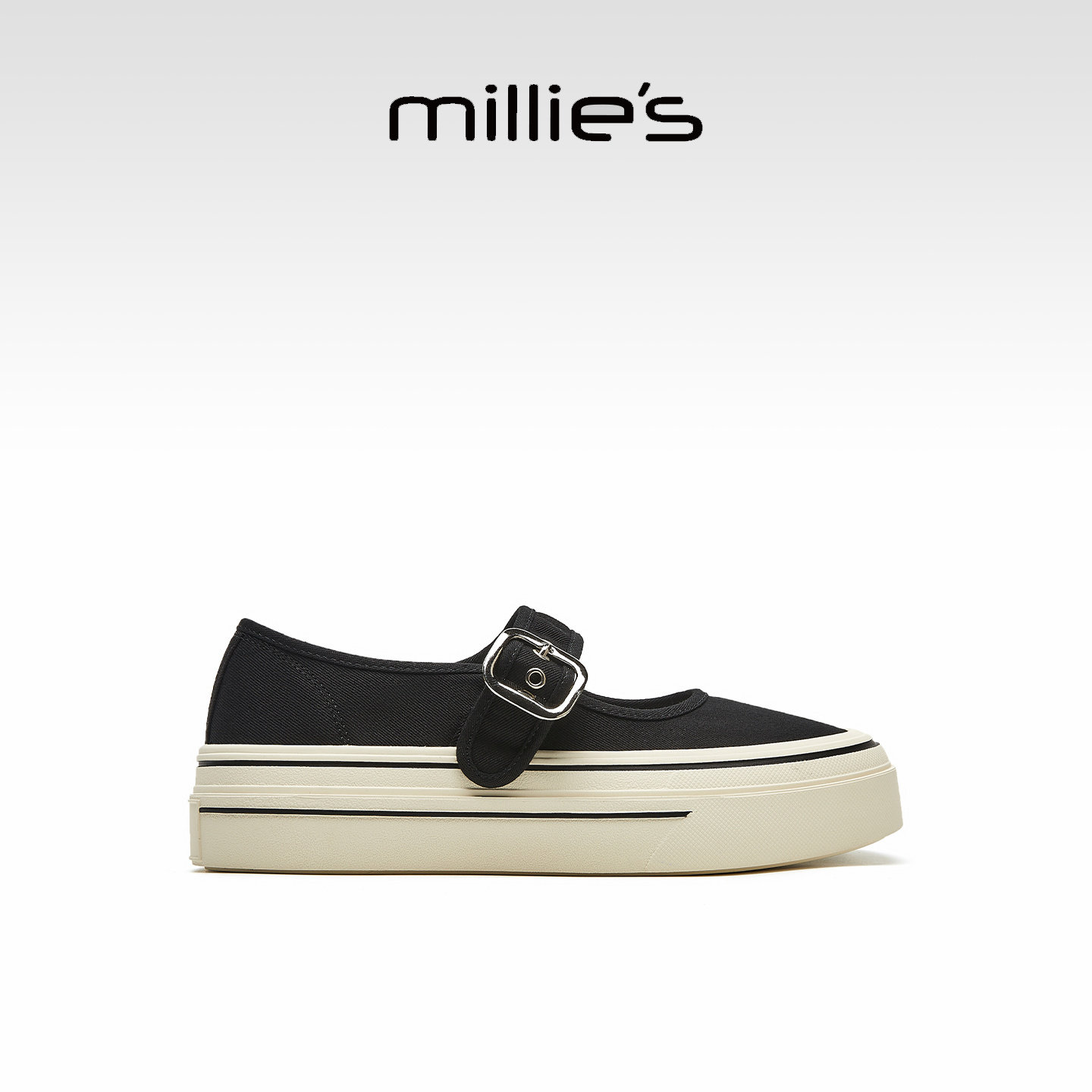 MILLIE'S/妙丽休闲风厚底玛丽珍帆布鞋女黑色增高一脚蹬夏季新款
