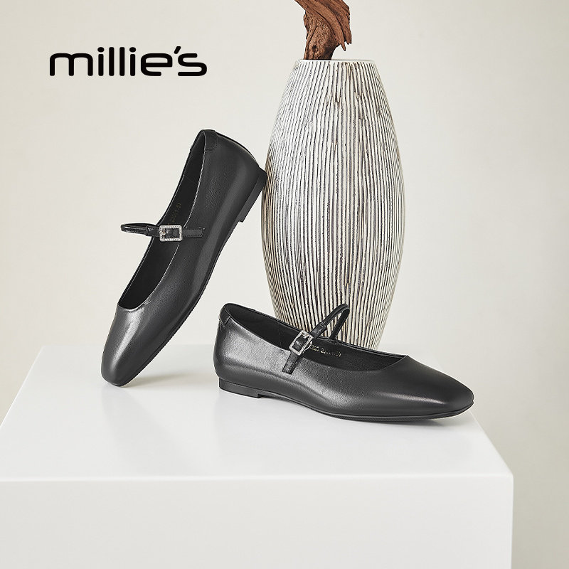 millies妙丽平底芭蕾舞鞋女2025新款方头浅口玛丽珍单鞋黑色/银色,女鞋,时尚芭蕾鞋,淘宝优惠券,粉丝福利购,淘宝优惠卷