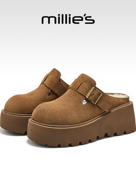 millies妙丽勃肯拖鞋女冬季外穿加绒女鞋真皮包头拖复古穆勒鞋