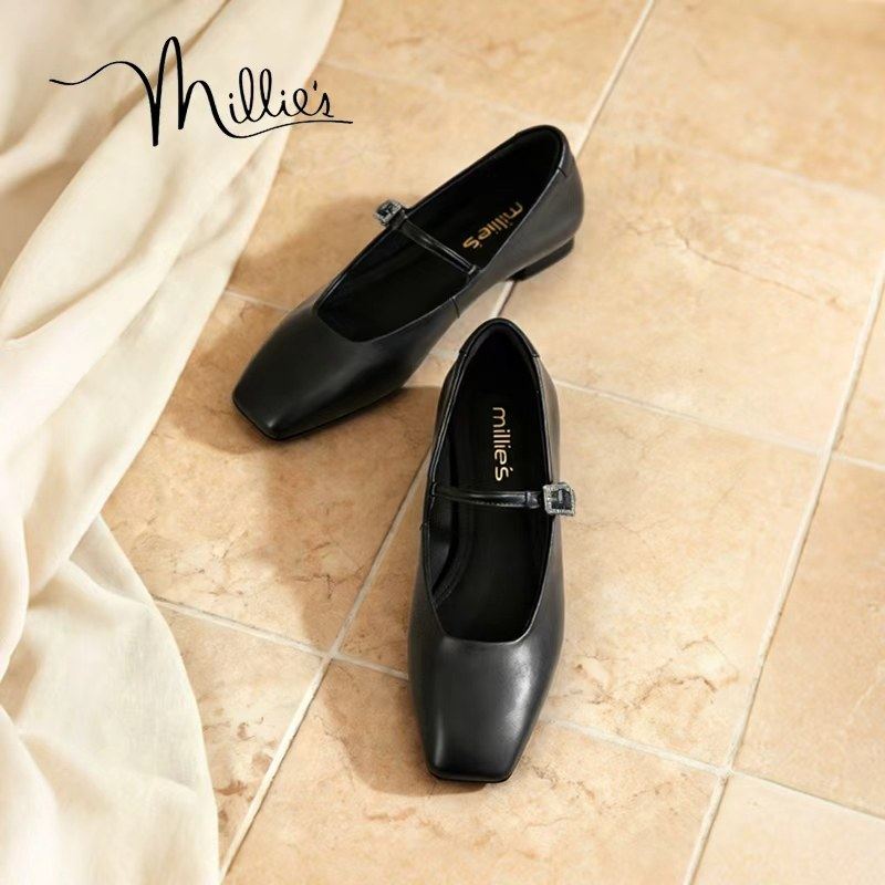 MILLIE'S/妙丽黑色玛丽珍鞋女款一字带方头平底芭蕾单鞋舒适通勤,女鞋,时尚芭蕾鞋,淘宝优惠券,粉丝福利购,淘宝优惠卷