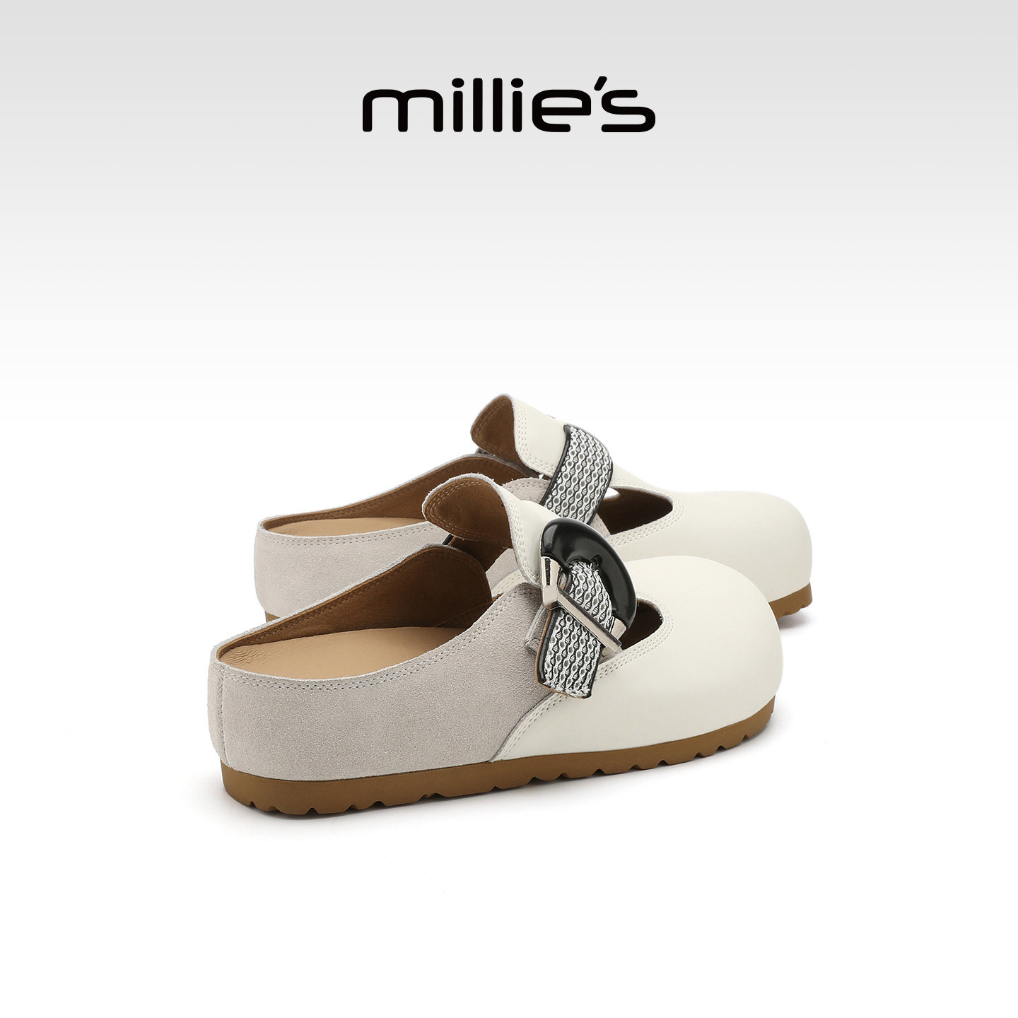 MILLIE'S/妙丽真皮复古勃肯鞋2026春季女款水钻平底一脚蹬包头拖