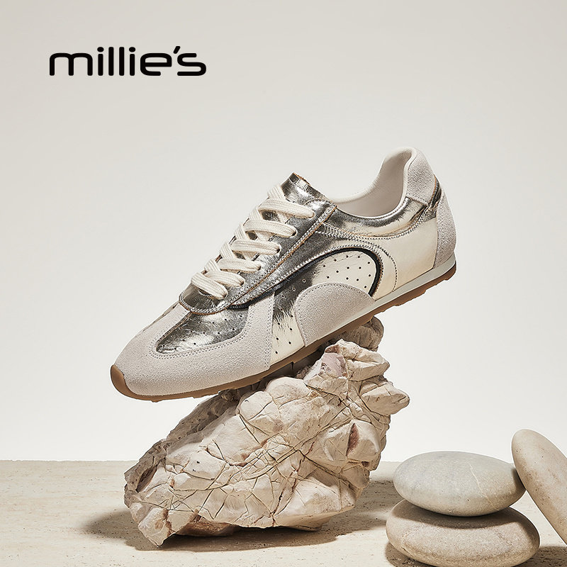 millies妙丽2025秋季新款银色德训鞋女复古休闲鞋真皮透气平底鞋,女鞋,德训鞋,淘宝优惠券,粉丝福利购,淘宝优惠卷