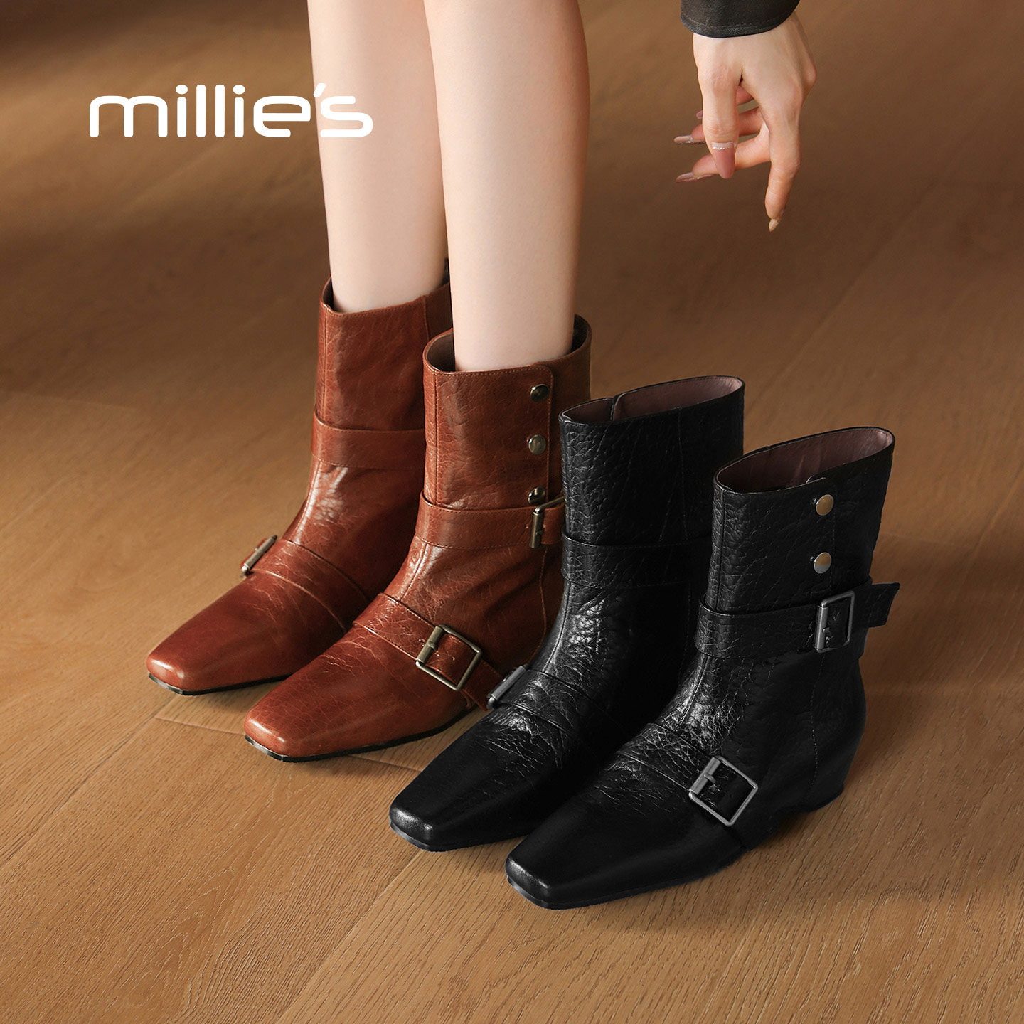 MILLIE'S/妙丽加绒西部靴女2025新款冬季皮带扣牛仔靴内增高靴子