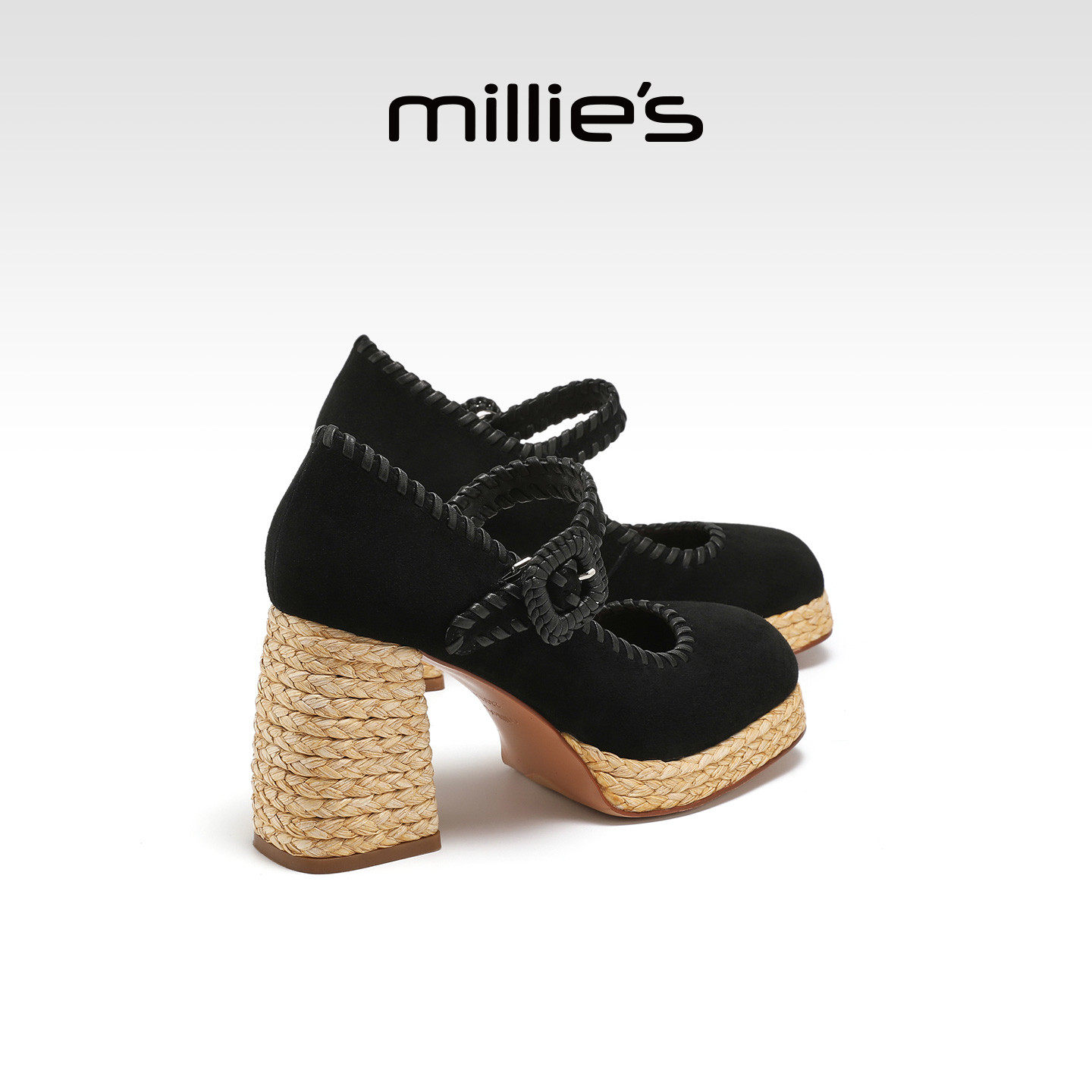 MILLIE'S/妙丽真皮羊绒面革玛丽珍鞋女款粗跟一字带防水台高跟鞋