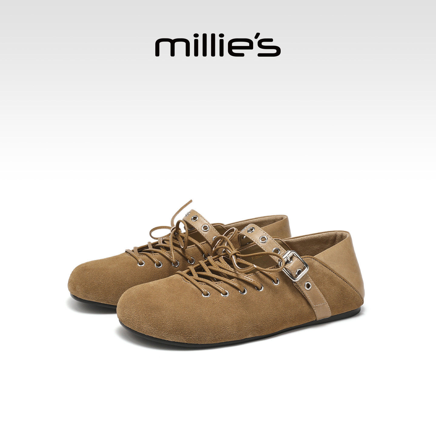 MILLIE'S/妙丽复古风系带浅口单鞋女款春季内增高休闲百搭勃肯鞋
