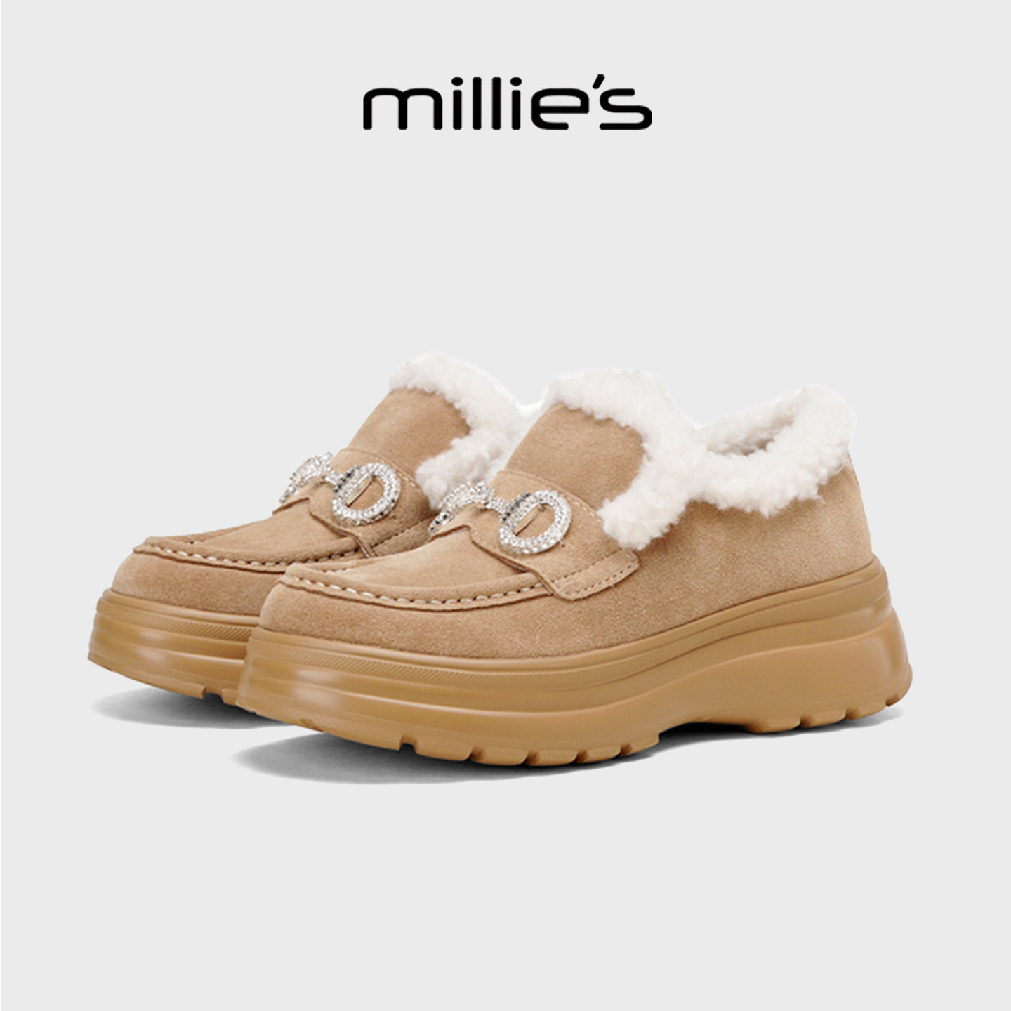 MILLIE'S/妙丽女鞋加绒保暖一脚蹬豆豆鞋女冬季款复古勃肯毛毛鞋,女鞋,时尚休闲鞋,淘宝优惠券,粉丝福利购,淘宝优惠卷