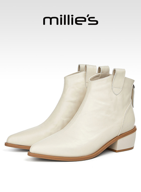 millies妙丽尖头白色靴子女2025新款爆款真皮加绒保暖短靴配裙子