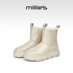 圆头厚底短靴棉鞋 妙丽套脚雪地靴女冬季 厚底烟筒短靴 MILLIE