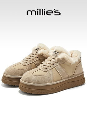 millies妙丽棉鞋女款冬季复古德训鞋厚底毛毛鞋加绒雪地靴低帮鞋