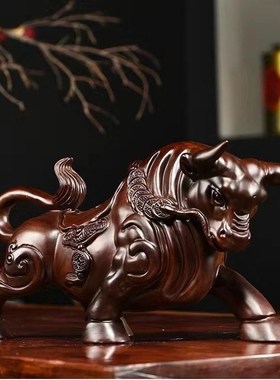 速发饰檀木雕华尔街牛摆件生肖牛实木雕刻工艺品家居客厅装黑红木