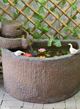 速发中式户外院子造景鱼池庭院花园布置古法养鱼缸流水摆件循环水