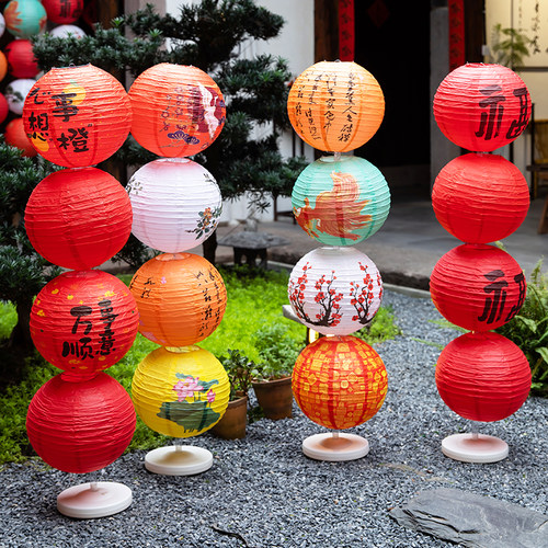 速发202意中秋元宵节日装饰创4立柱折叠古风灯笼过氛喜庆年围场景