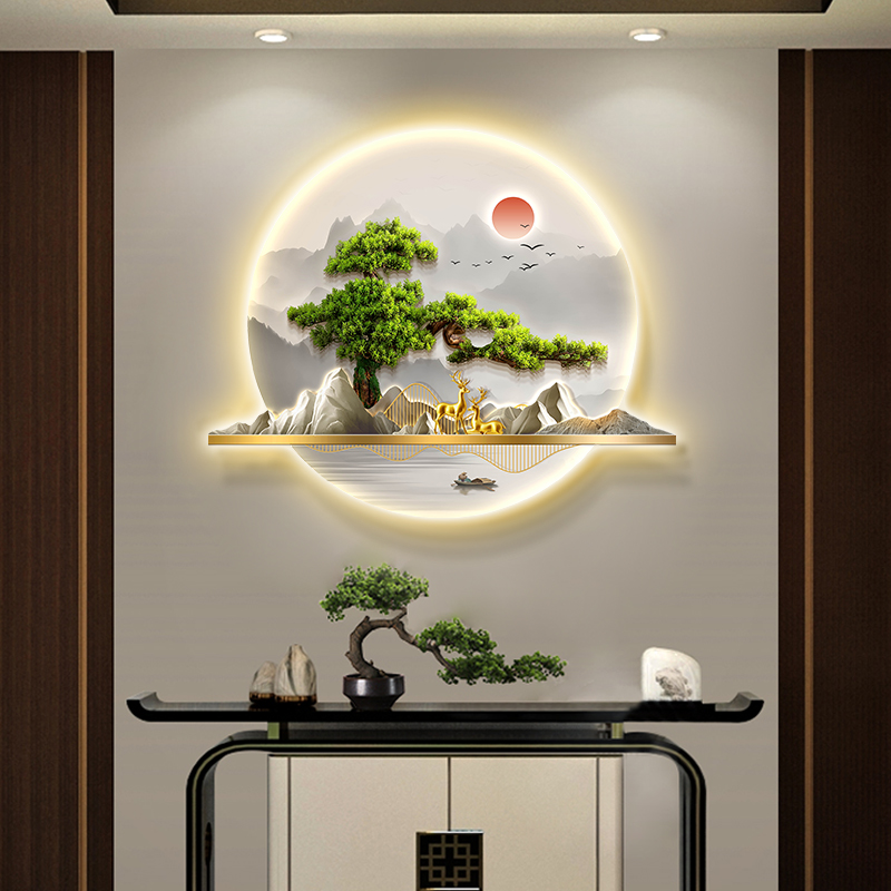 速发中式玄关柜上饰画圆形光廊过道装挂壁画餐厅发走氛围画玄关装