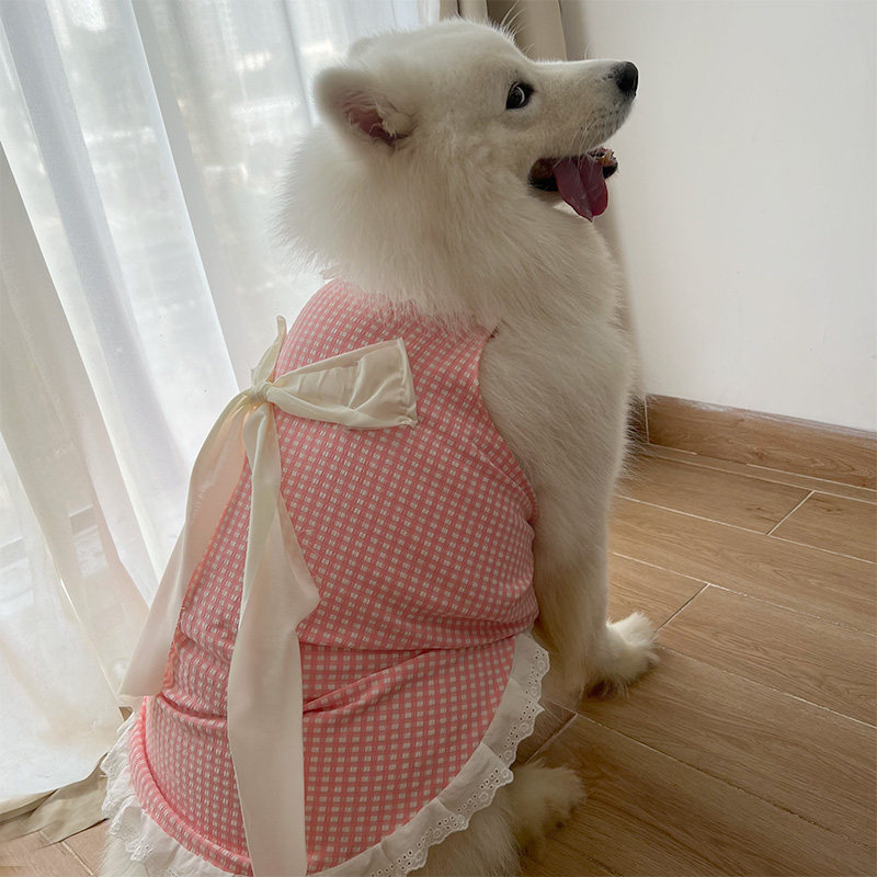 速发新款衣服粉色格子领结裙子大中小型犬萨摩耶拉布拉多拍摄