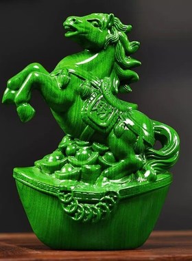速发绿色实木质雕马摆酒中式功到成马工艺品办公室桌装饰家居件柜