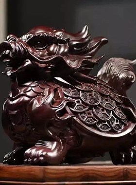 速发黑檀木雕龙龟摆件红木雕刻工办品头木龙实龟玄武家居艺公装饰