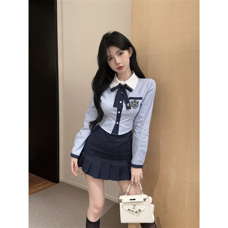 速发娜娜学院风j装套装辣妹制服长袖上衣k百褶短两半身裙裙件套