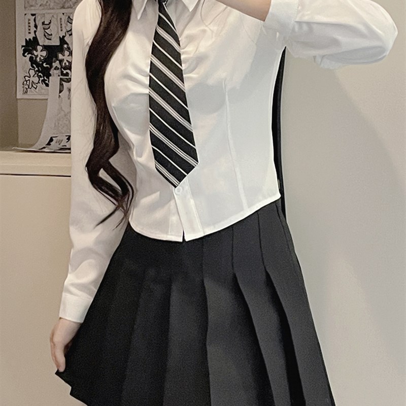 速发收腰褶皱j欲制风纯k辣妹长袖白衬衣学院服内搭上衣