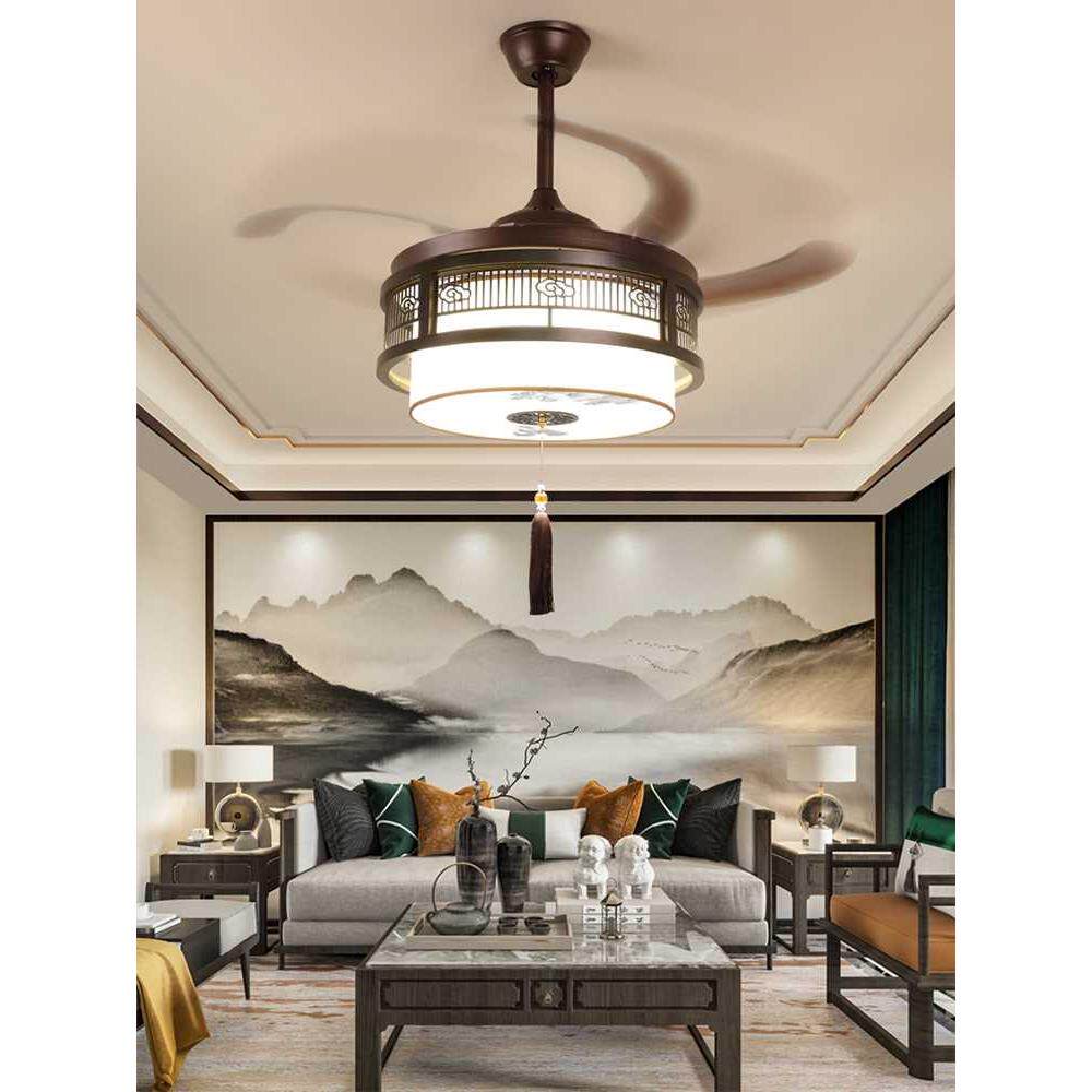 新中式风扇吊灯卧室客厅实木隐形家用中国风复古电扇变频餐厅吊灯