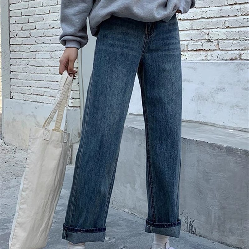 富尔大码定制女装肥妹妹mm蓝色直筒牛仔秋高腰宽松显瘦百搭阔腿裤