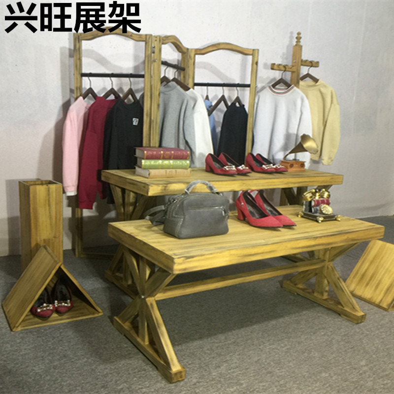 服装店展示架中岛架橱窗实木落地高低流水台展示台复古展示桌地台
